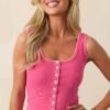 By Chance Pink Button Front Blanket Stitch Tank Top
