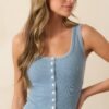 By Chance Dusty Blue Button Front Blanket Stitch Tank Top