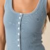 By Chance Dusty Blue Button Front Blanket Stitch Tank Top