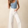 By Chance Dusty Blue Button Front Blanket Stitch Tank Top