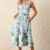 Ava Blue Lilacs Botanical Print Cotton Belted Midi Dress