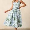 Ava Blue Lilacs Botanical Print Cotton Belted Midi Dress