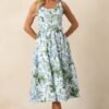 Ava Blue Lilacs Botanical Print Cotton Belted Midi Dress