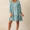 Butterfly Garden Blue Cotton Button Front Mini Dress
