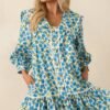 Butterfly Garden Blue Cotton Button Front Mini Dress
