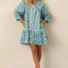 Butterfly Garden Blue Cotton Button Front Mini Dress