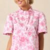 Avery La France Dianthus Pink Floral Cotton Ruffle Top