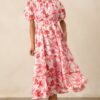Blooming Season Pink Floral Puff Sleeve Midi Dress