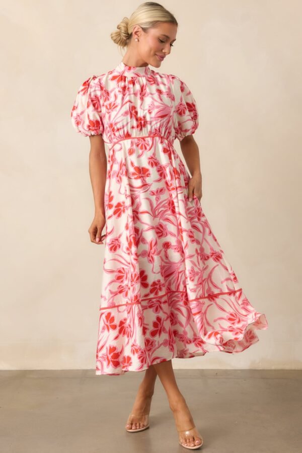 Blooming Season Pink Floral Puff Sleeve Midi Dress