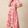 Blooming Season Pink Floral Puff Sleeve Midi Dress