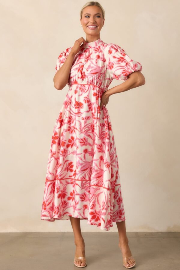 Blooming Season Pink Floral Puff Sleeve Midi Dress