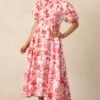 Blooming Season Pink Floral Puff Sleeve Midi Dress