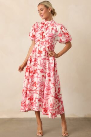 Blooming Season Pink Floral Puff Sleeve Midi Dress