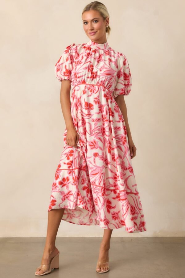 Blooming Season Pink Floral Puff Sleeve Midi Dress