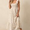 Blooming Brunch Cotton Beige Floral Flutter Sleeve Maxi Dress