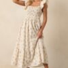 Blooming Brunch Cotton Beige Floral Flutter Sleeve Maxi Dress