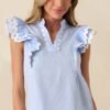 Caldwell Blue Micro Gingham Cotton Ruffle Top