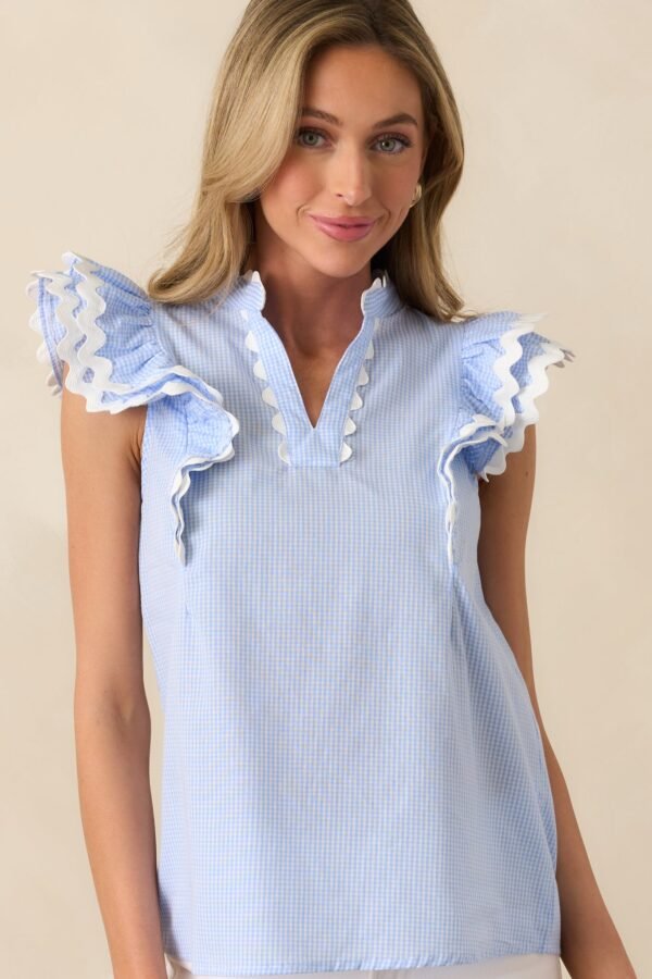 Caldwell Blue Micro Gingham Cotton Ruffle Top