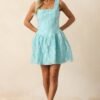 Beyond The Surface Turquoise Blue Floral Jacquard Mini Dress