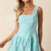 Beyond The Surface Turquoise Blue Floral Jacquard Mini Dress