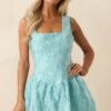Beyond The Surface Turquoise Blue Floral Jacquard Mini Dress