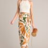 Cabana Chic Beige Tropical Print Midi Wrap Skirt