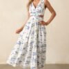 Callie Blue Palm Tree Print Cotton Cut-Out Maxi Dress