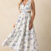 Callie Blue Palm Tree Print Cotton Cut-Out Maxi Dress