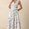 Callie Blue Palm Tree Print Cotton Cut-Out Maxi Dress
