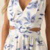 Callie Blue Palm Tree Print Cotton Cut-Out Maxi Dress
