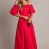 Cascade Couture Red Off Shoulder Midi Dress