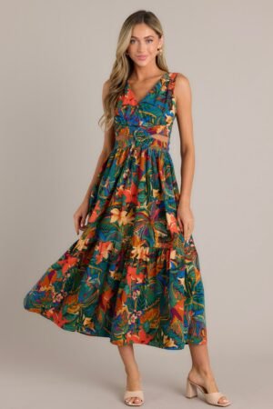 Callie Green Tropical Print Cotton Cut-Out Maxi Dress