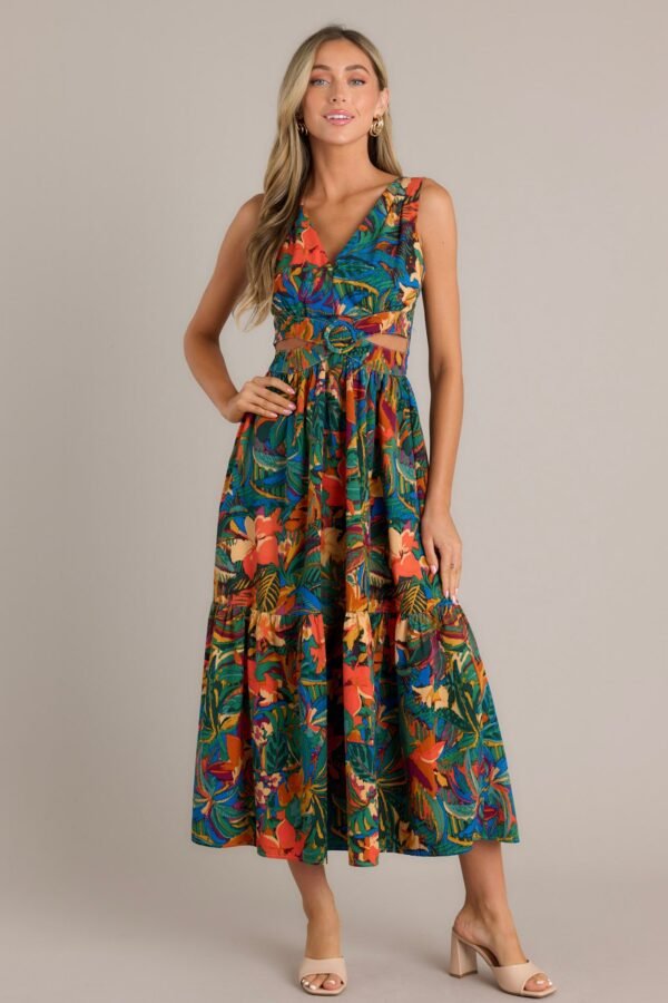 Callie Green Tropical Print Cotton Cut-Out Maxi Dress