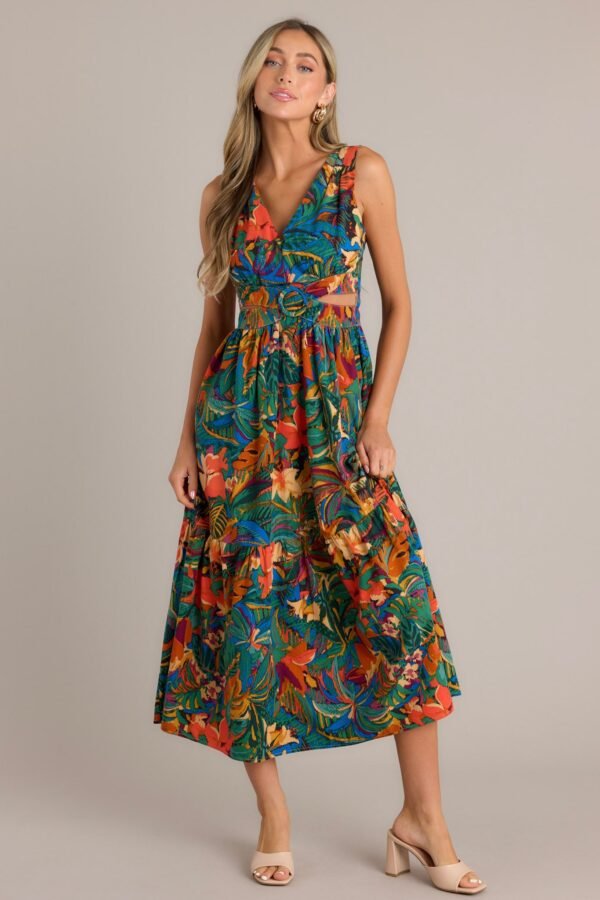 Callie Green Tropical Print Cotton Cut-Out Maxi Dress