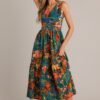 Callie Green Tropical Print Cotton Cut-Out Maxi Dress