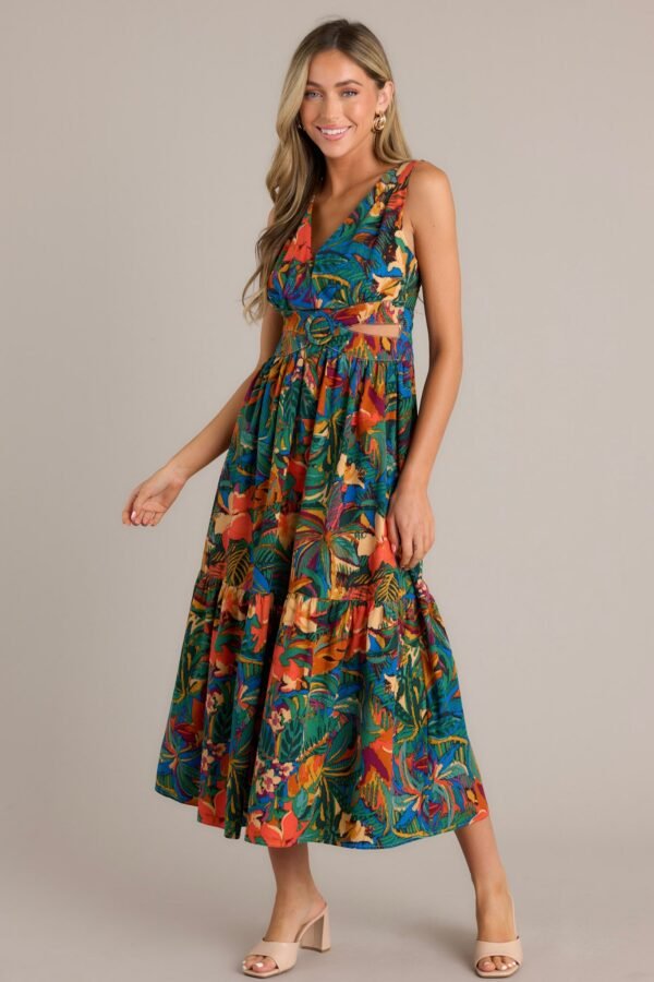 Callie Green Tropical Print Cotton Cut-Out Maxi Dress