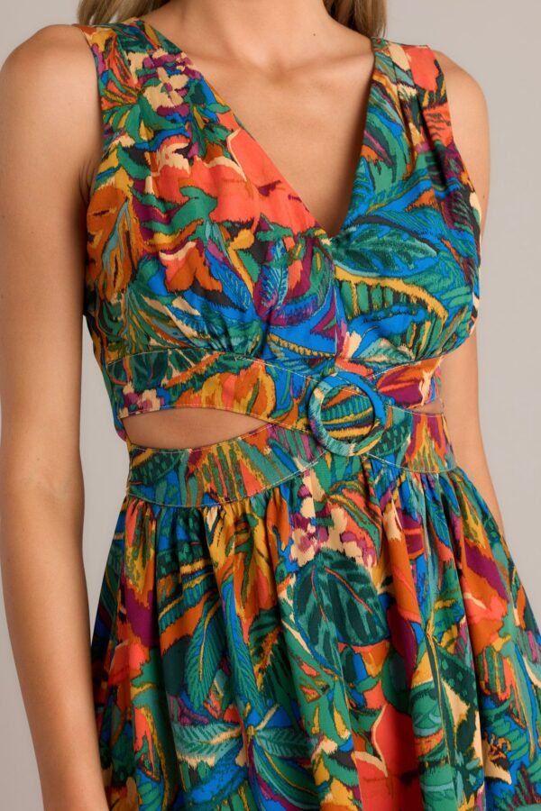 Callie Green Tropical Print Cotton Cut-Out Maxi Dress