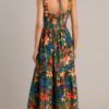 Callie Green Tropical Print Cotton Cut-Out Maxi Dress