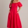 Cascade Couture Red Off Shoulder Midi Dress
