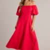 Cascade Couture Red Off Shoulder Midi Dress