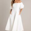 Cascade Couture White Off Shoulder Midi Dress