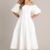 Cascade Couture White Off Shoulder Midi Dress