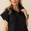 Best One Yet Black Cotton Scallop Hem Short Sleeve Pullover