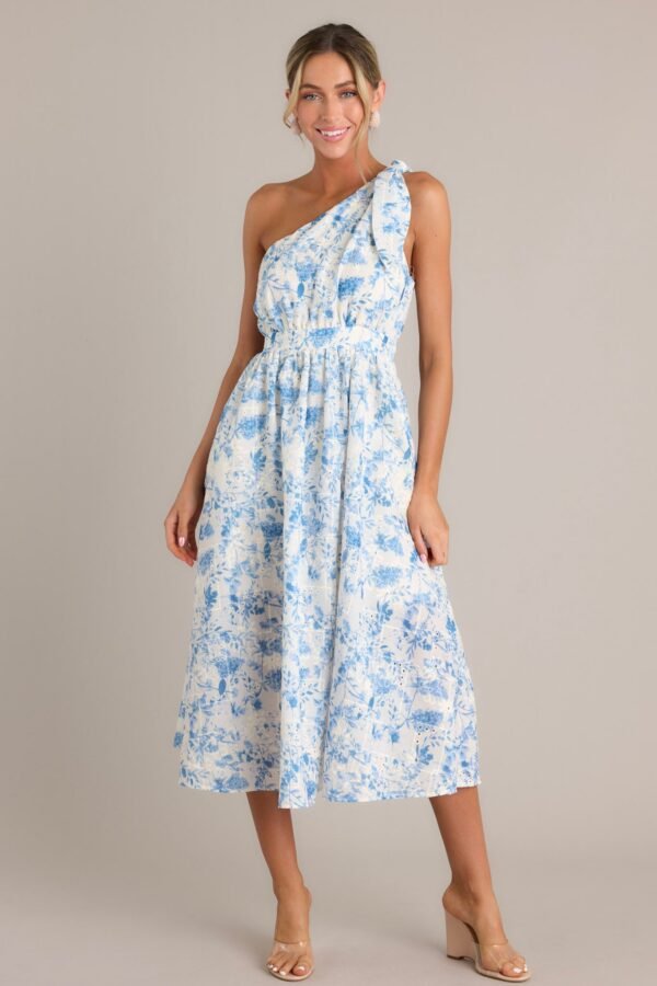 Bluebell Bliss Blue Floral One Shoulder Midi Dress