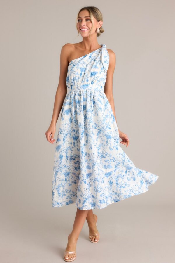 Bluebell Bliss Blue Floral One Shoulder Midi Dress