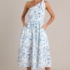 Bluebell Bliss Blue Floral One Shoulder Midi Dress