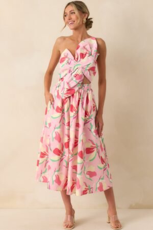 Caught In Time Pink Floral Print Cotton One Shoulder Maxi Dress