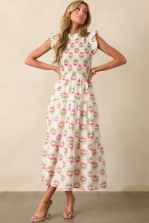 At The Wishing Well Pink Floral Cotton Smocked Maxi Dress