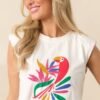 Bird's Eye View White Cotton Cap Sleeve Parrot Graphic Tee