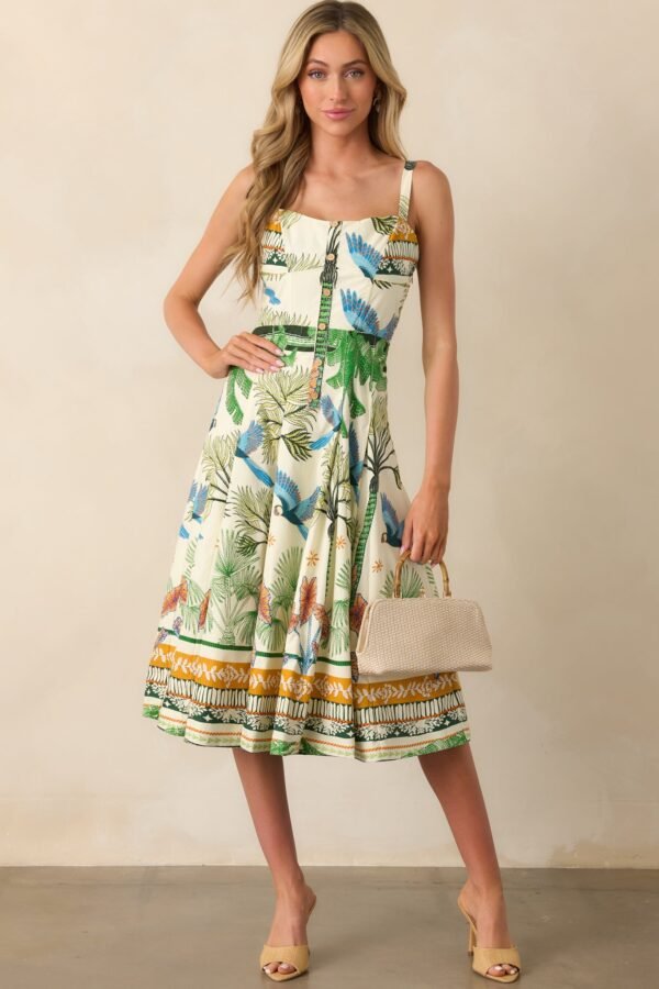 Aylaya Sao Paulo Ivory Tropical Print Cotton Midi Dress